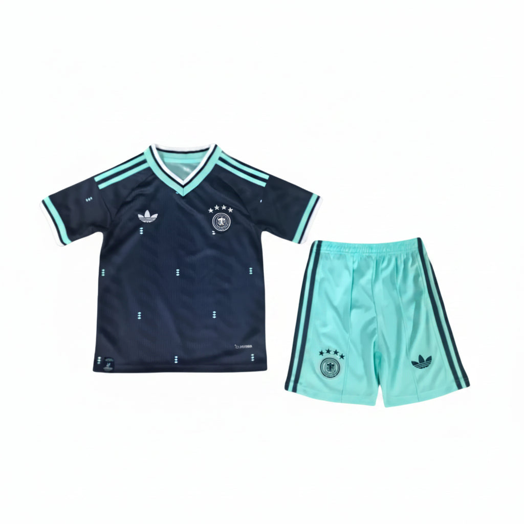 Black and light blue sports jersey and shorts set on a light blue background